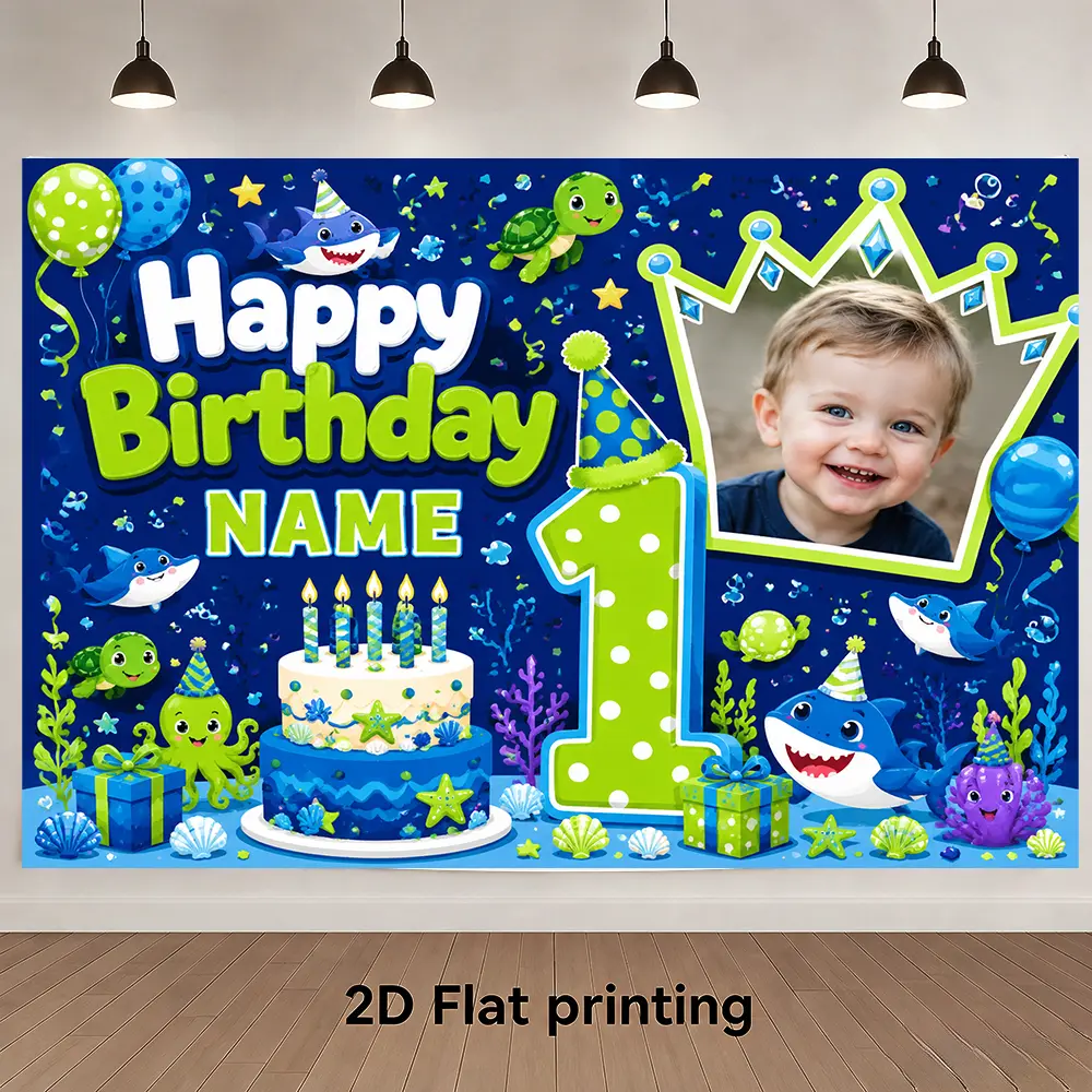 Personalized 1st Birthday Shark Backdrop with Turtles and Ocean Animals, Custom Photo Name Navy Lime Birthday Banner, Sea Life Party Decor
