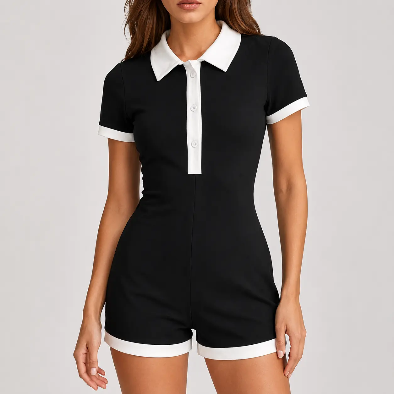 Women's Casual Polo Neck Romper with Contrast Trim, Fitted Short Sleeve Knitted Romper for Summer, Breathable, Comfortable, Trendy and Everyday Clothes, Garment