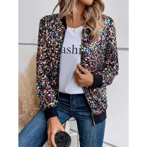 Elegant Sequin-Adorned Jacket Women - Chic Zip-Up Bomber Style with Baseball Collar, Long Sleeves, and Colorful Dot Pattern - Perfect/Fall, Non-Stretch Polyester