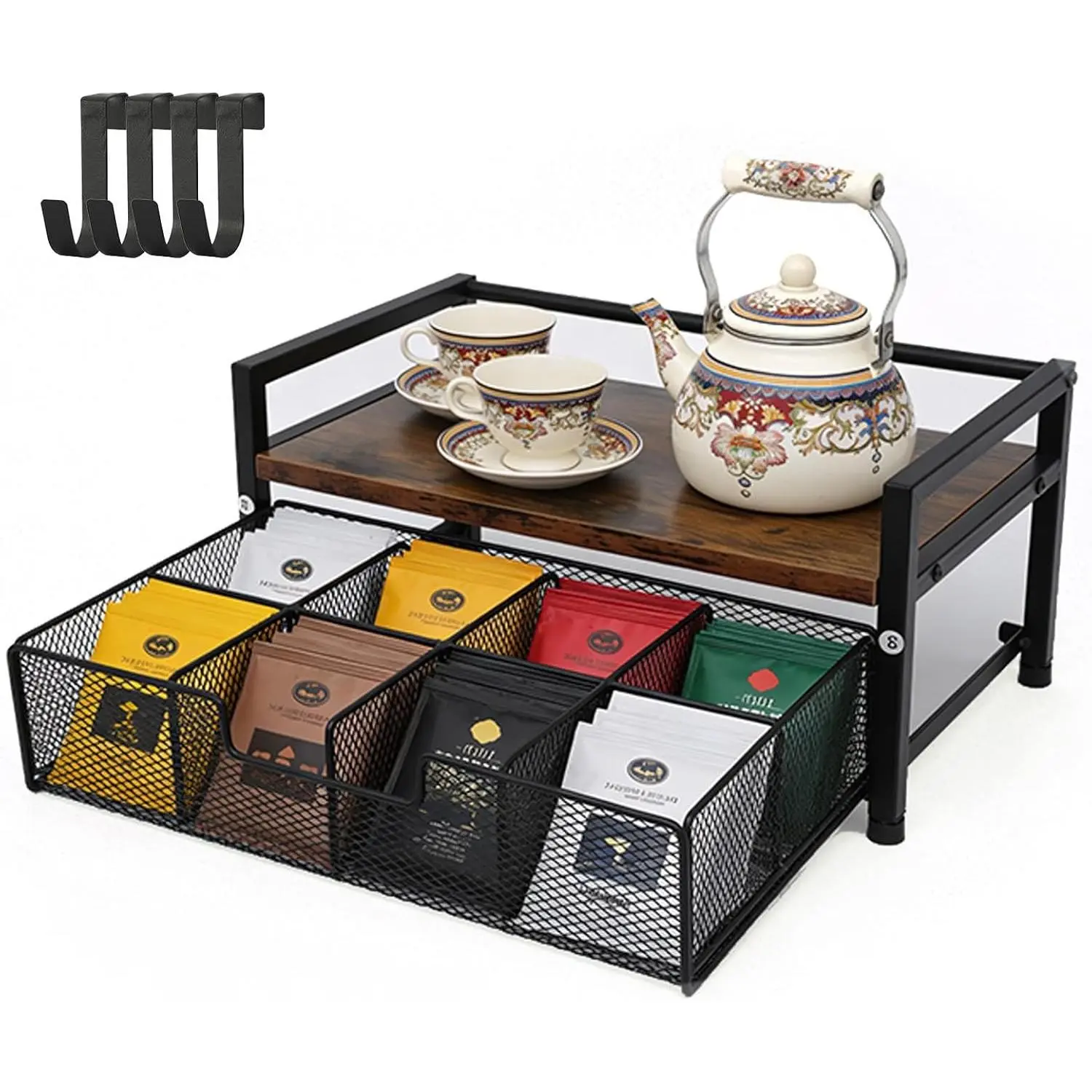 Tea Bag Organizer, Tea Bag Organizers and Storage with Drawer, Tea Bag Holder Natural Wood & Metal with 8 Compartments, Tea Storage Chest Container Box for Countertop Kitchen with 4 Hooks