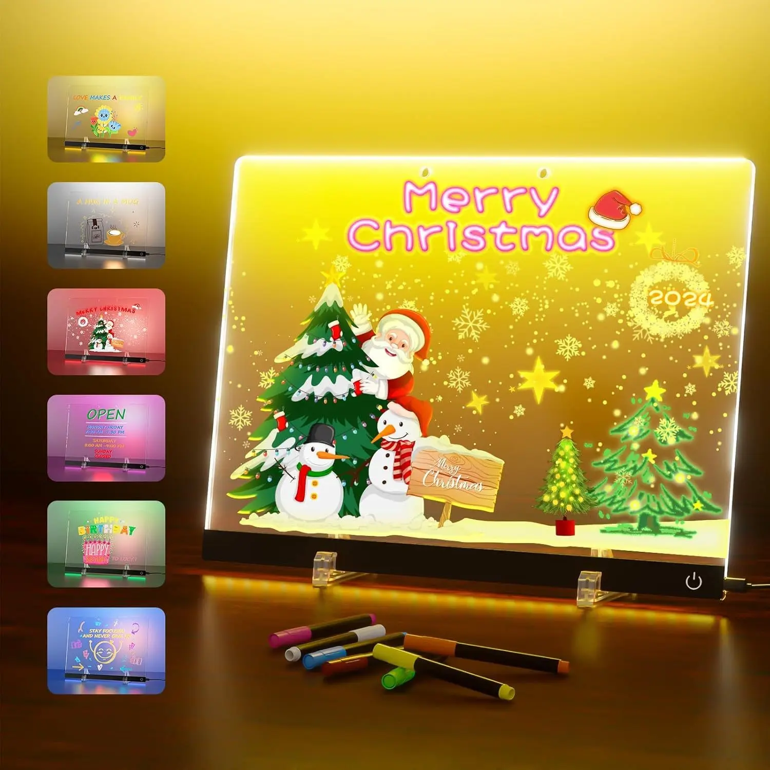 Christmas Erasable Acrylic Glow Handwriting Board, 7-Color Touch Dimmable Ambient Light, USB Charging Touch Drawing Board, Festive Gift