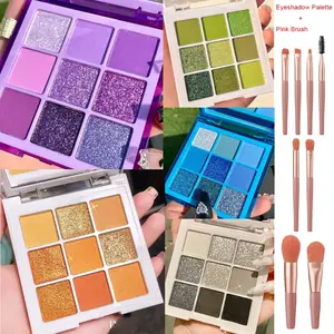 9 colors high saturated raspberry purple eyeshadow comes with brush, multi-texture matte&glitter design, affordable essential makeup for studio styling and stage performance.