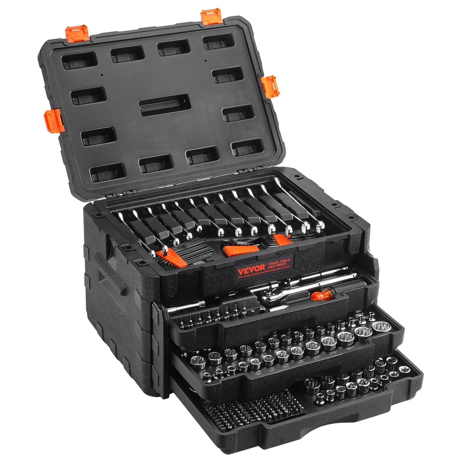 VEVOR 450 Pcs Tool Kit Set, Mechanics Tool & Socket Set with 1/4" 3/8" 1/2" Drive Deep/Standard Sockets, SAE/Metric Bits, Hex Wrenches, Combination Wrench & Accessories in Storage Case