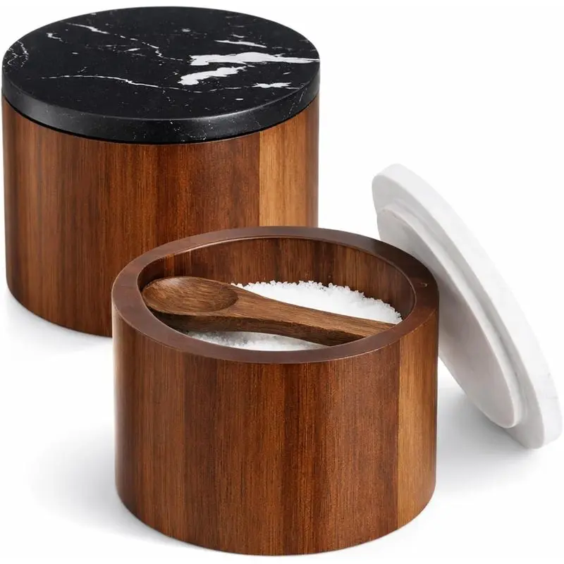 2 Pcs Acacia Wood Salt Cellar with Marble Lid Salt and Pepper with Spoon Natural Acacia Spice Container Decorative White Black Marble Cover for Kitchen Counter