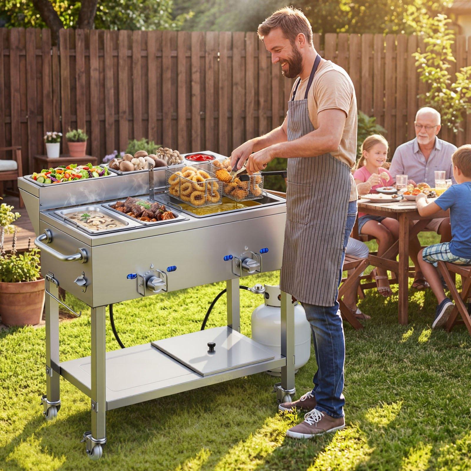 VEVOR Outdoor Propane Deep Fryer, 2 Burners (11,600 BTU Each), Commercial Fryer with Two 1/3 Size Food Warming Pans, Multi-Purpose Frying Cart with 4 Lockable Wheels, for Fried Chicken & Fries VEVOR Outdoor Propane Deep Fryer, 2 Burners (11,600 BTU Each), Commercial Fryer with Two 1/3 Size Food Warming Pans, Multi-Purpose Frying Cart with 4 Lockable Wheels, for Fried Chicken & Fries