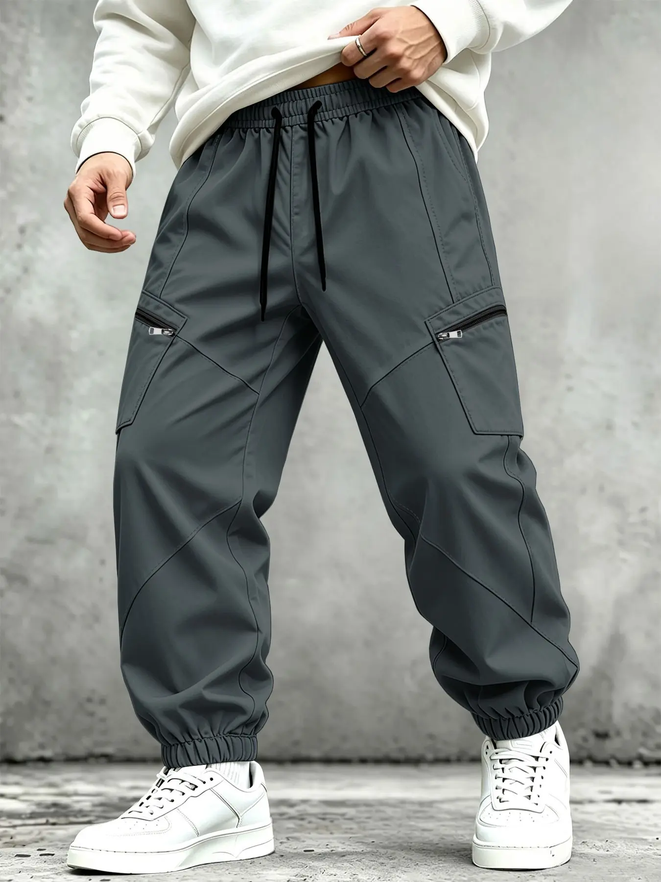 Men's Functional Work Pants, Drawstring Waist, Loose-Fit, Straight-Leg, Ankle Length, Casual Outdoor Hiking Trousers, Durable Long Pants, Casual Comfy Drawstring