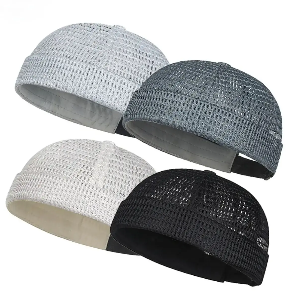 4-Pack Multi-Color Breathable Mesh Skull Cap Set - Unisex Street-Style Beanie & Brimless Watch Cap, Soft Elastic Hip-Hop Headwear for All Seasons
