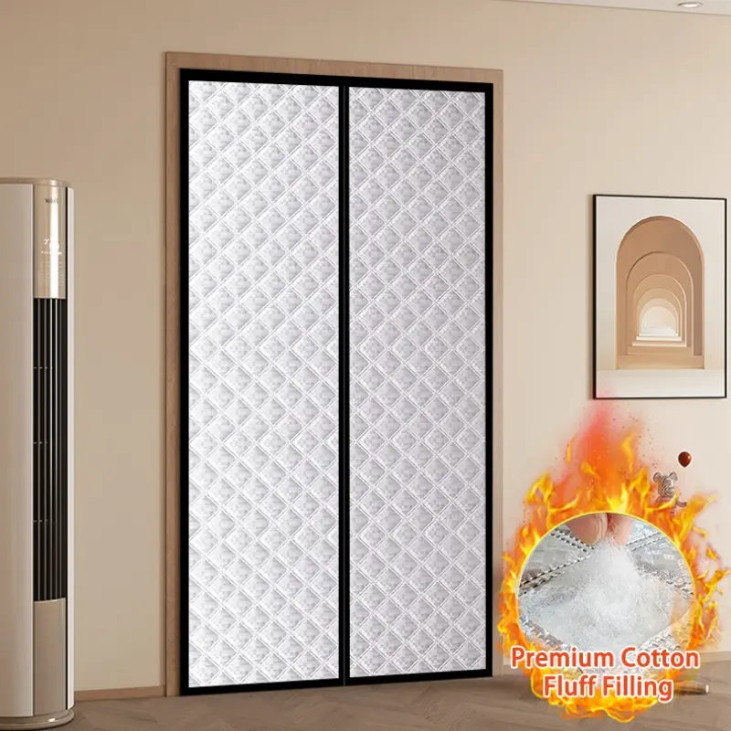 Cozy Winter Thermal Door Curtain, Silver Quilted Insulated Door Cover, No-Drill Self-Adhesive Install, Draft Blocking Light Reducing Curtain for Home Doors