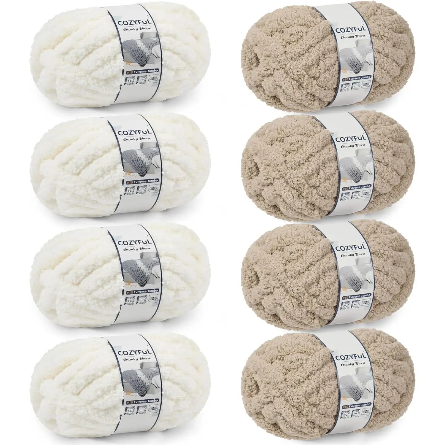Cozyful Chunky Yarn for Hand Knitting - #10 Chunky Chenille Yarn, Jumbo Big Thick Chunky Yarns for Crocheting, Super Bulky Chunky Knit Blanket Yarns, 8 Skein (22yd, 8oz/Skein), Cream & Khaki