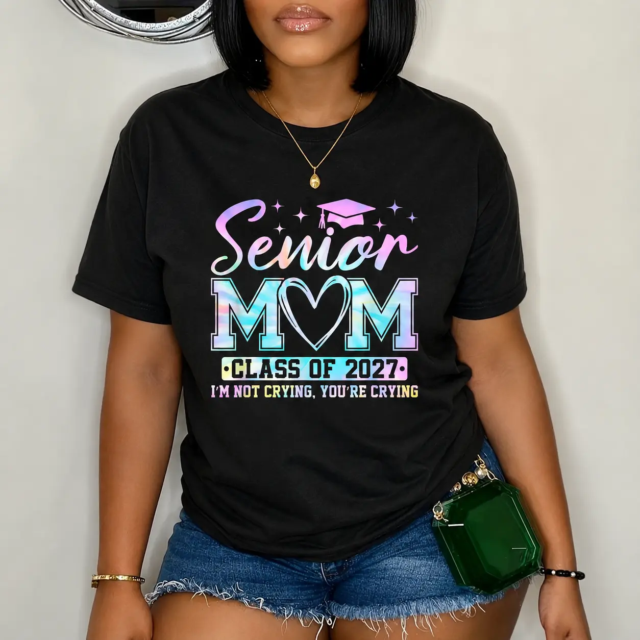 100% Cotton Senior Mom Class of 2027 Senior Mama 2027 Graduation Funny T-Shirt
