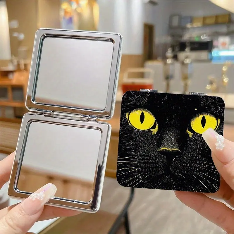 Cute Black Cat Mini Mirror, Double‑Sided Folding Pocket Mirror, Ideal Compact Makeup Mirror for Travel, Perfect for Handbags & Cosmetic Bags, Great Birthday, Christmas & Valentine’s Day Gift for Cat Lovers, Women & Girls