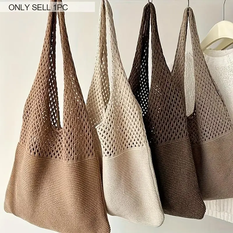Women's Bohemian Knit Openwork Tote Bag, Lightweight Nylon Shoulder Bag, Unlined Casual Beach Bag for Outings & Beach Trips, Khaki/Dark Brown/Black, Holiday Accessory