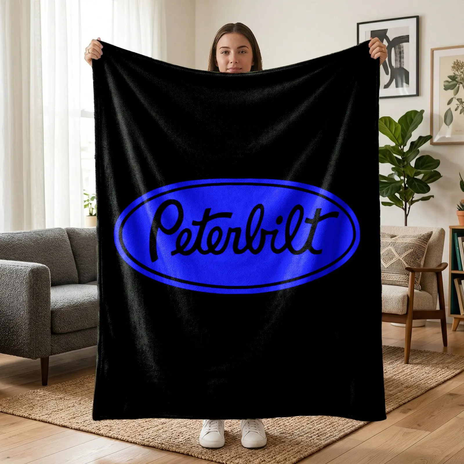 1PC Peterbilt Truck Brand Logo Fleece Throw Blanket, Central Oval Blue Letter Logo, Solid Black Background Truck Element Design, Soft Warm Blanket for Sofa Bed Office Camping, Truck Enthusiast Birthday Christmas Gift