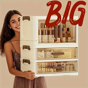 3/4-tier foldable large-capacity cosmetic storage cabinet with transparent drawers and stackable plastic organizing boxes, Cosmetic organiser, suitable for cosmetics, skincare products, featuring a retro platinum color, Cosmetics Organizer