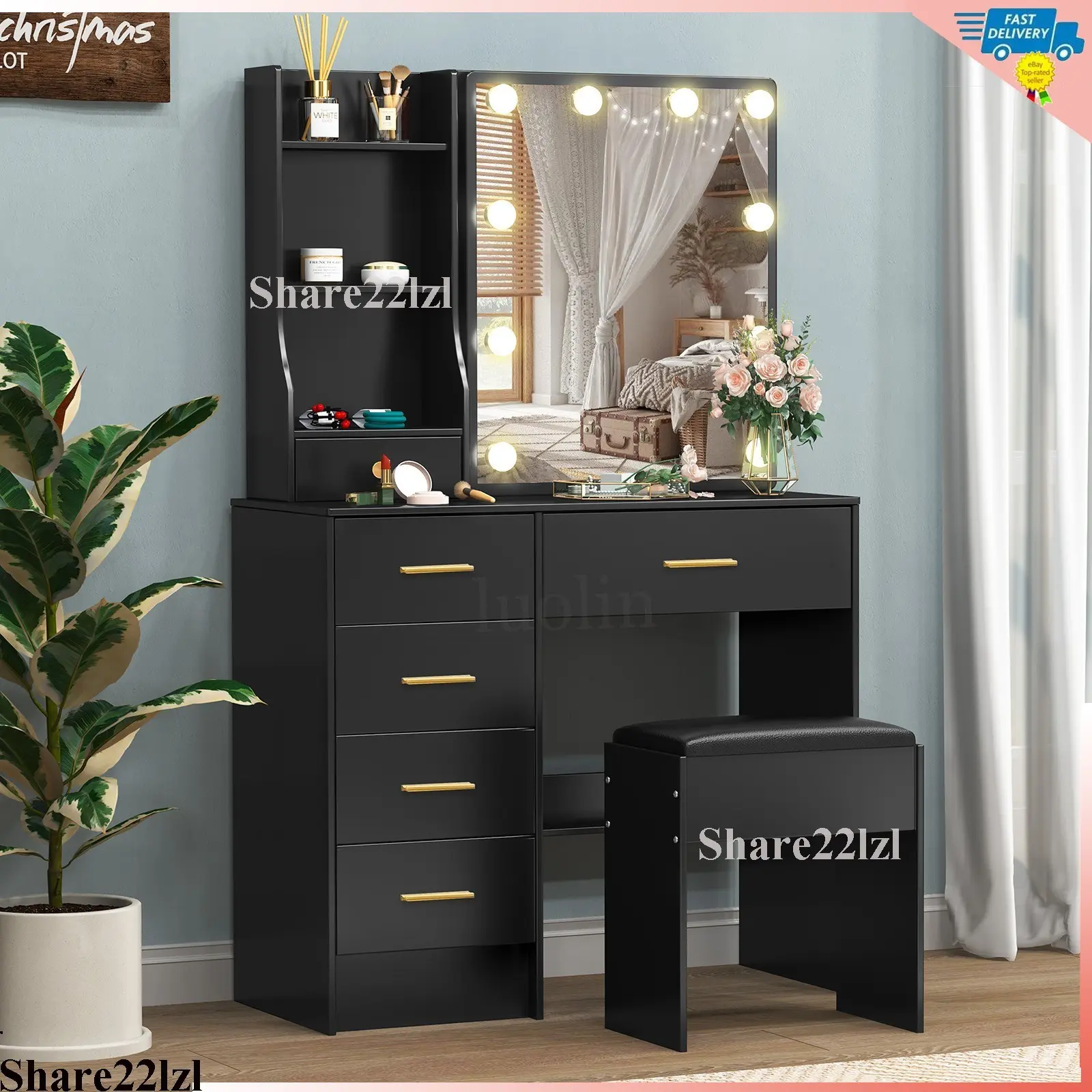10 LED Lighted Sliding Mirror Vanity Table Set Makeup Dressing Desk 6 Drawers