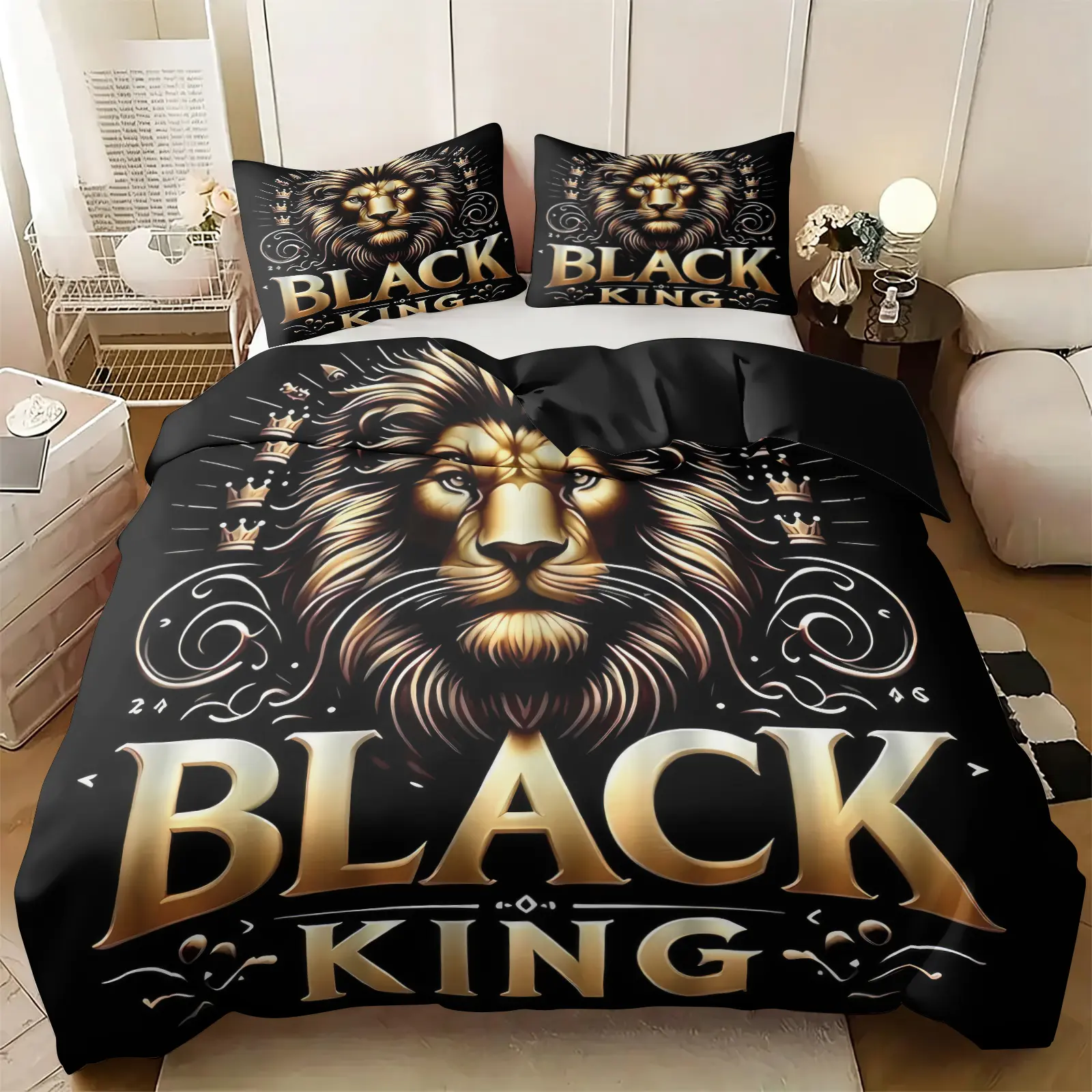 Royal Black King Lion Print Duvet Cover Set, Includes 1-2 Pillowcases, Golden Crown Majestic Lion Print Bedding With Black Inner Liner, Soft Breathable Bed Set All Size, Decor for Men Bedroom, Teen Guy Dorm Room Decoration
