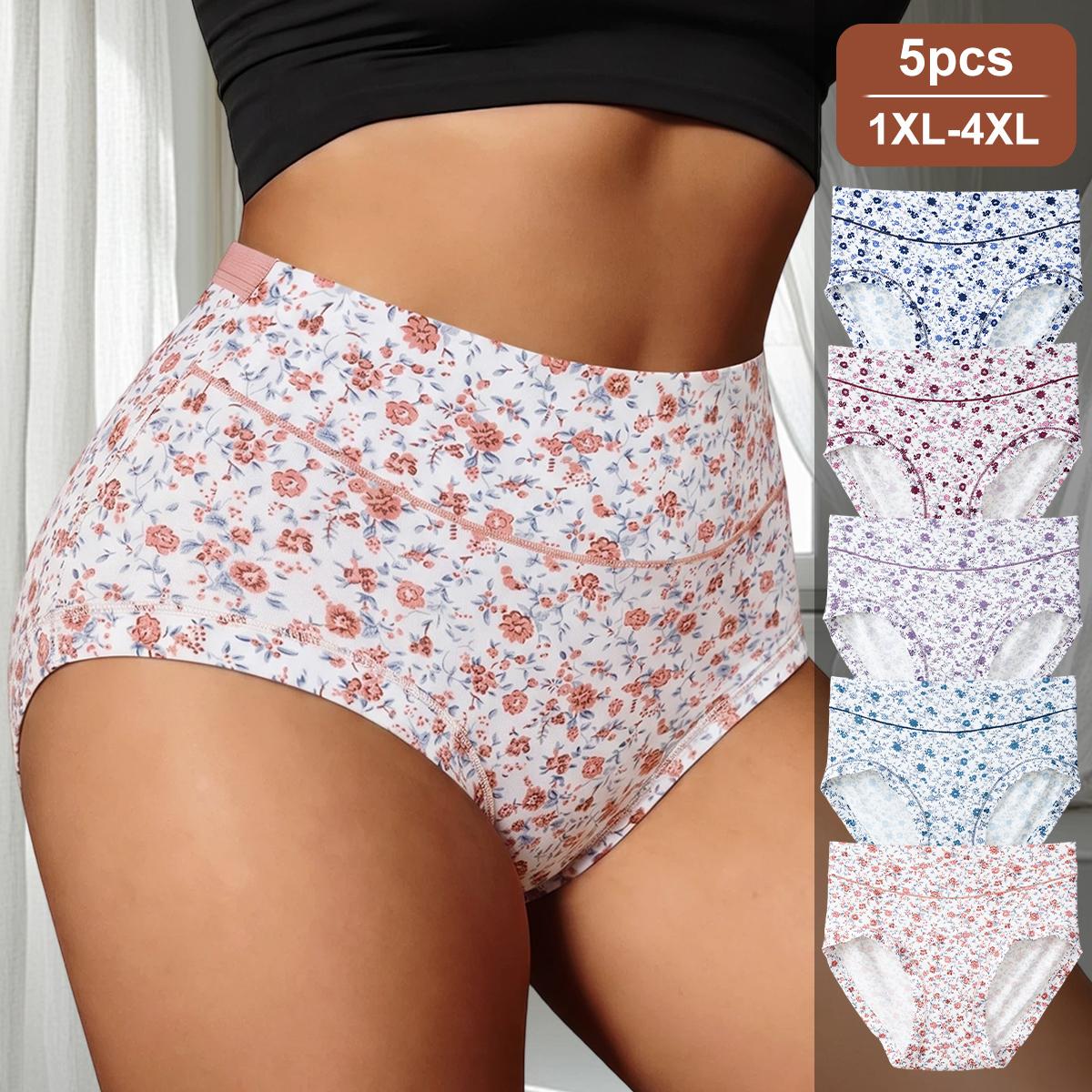 QUASTI Plus Size 5-Pack High Waisted Panties for Women, Printed Seamless Invisible No Panty Lines Briefs, Cool Summer Briefs with Colorful Floral Print, Stretch Soft Daily Underwear, 1XL-4XL