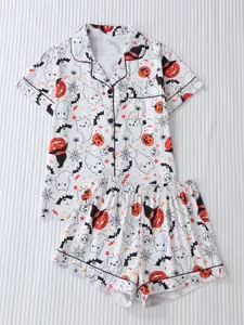 Women's Halloween Pajama Set, Cute Ghost Pumpkin Spider Web Print, Fitted Short Sleeve Top & Loose Shorts, Comfortable Sleepwear