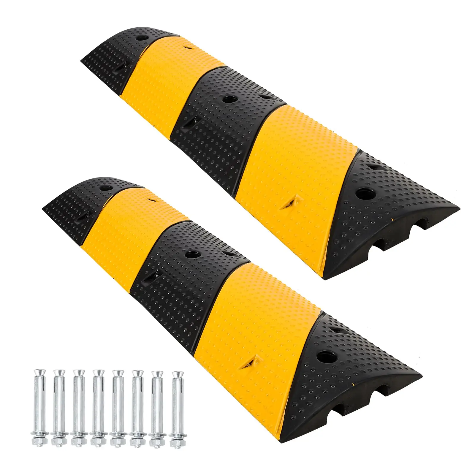 Heavy Duty Rubber Speed Bump 2-Pack, 2 Channels Driveway Cable Protector Ramp with Installation Bolts for Parking Lots, Schools, Warehouses & Asphalt, Concrete, Gravel Roads