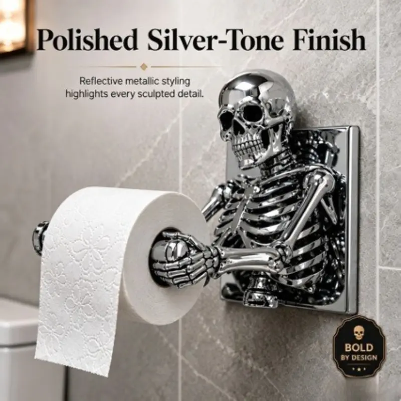 Gothic Silver Color Skull Wall-Mounted Toilet Paper Holder, Halloween Bathroom Decor, Unique Horror Home Accessory Gift for Gothic Lovers