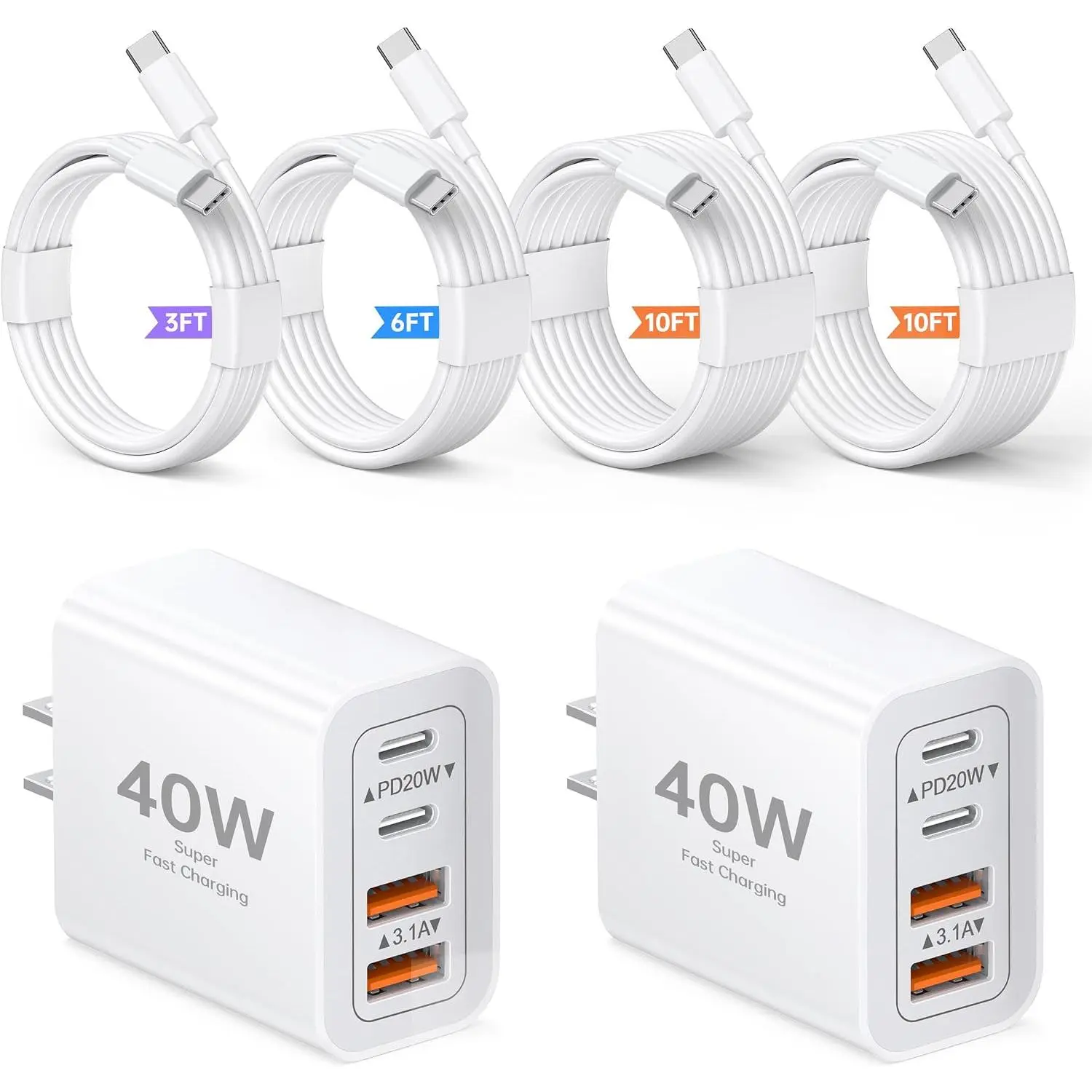 2-Pack 40W USB C Charger Cube, 4-Port PD+QC   Block with 3/6/10/10FT USB C Cables, Multiport Type C Power Adapter for  17/16/15/14/13 Pro Max,  S26/S25/S24 Ultra,Tablets