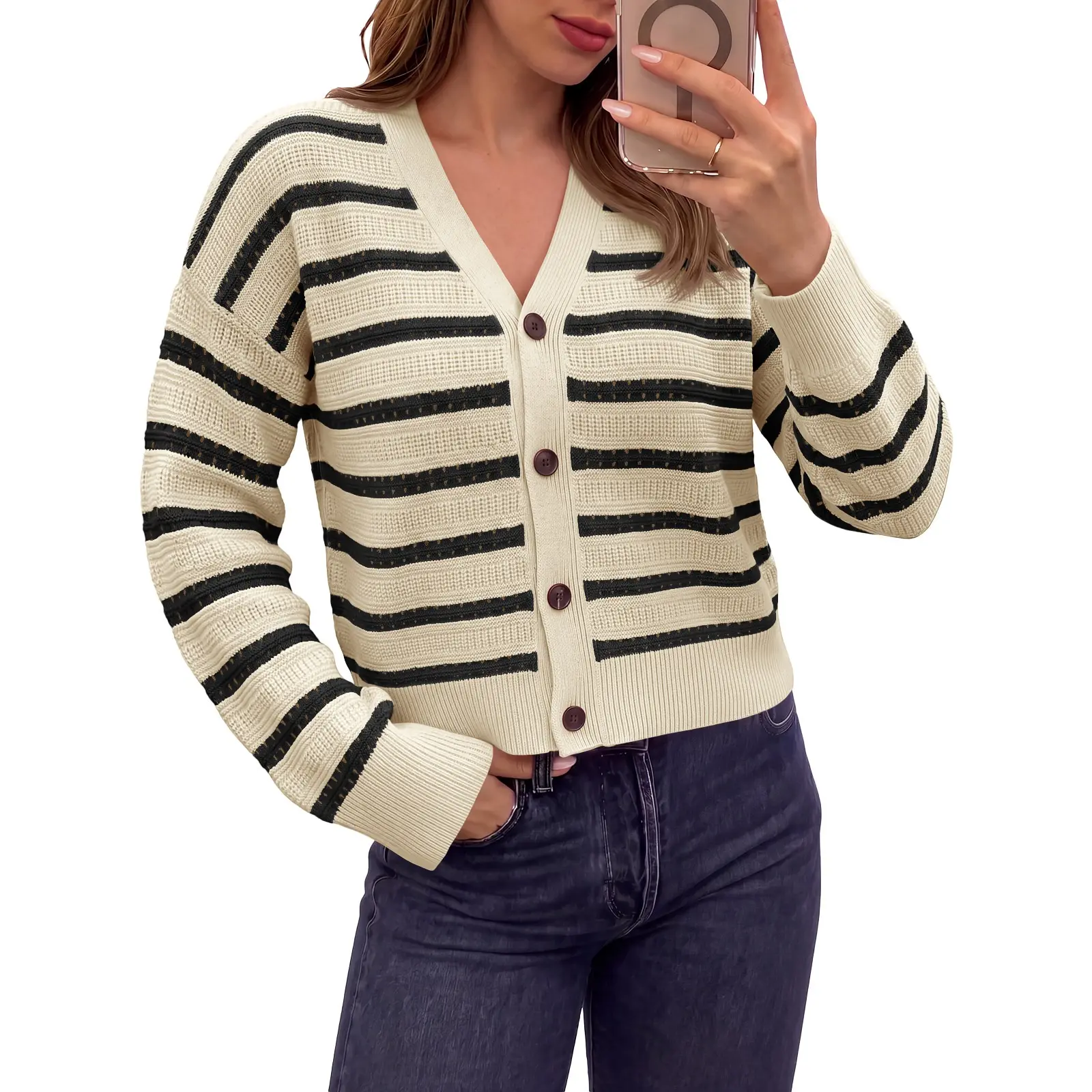 Saodimallsu Womens Stripe Cropped Cardigan Crochet Knit Button Down Sweater | V Neck,Long Sleeve,Casual,Color Block,Fall