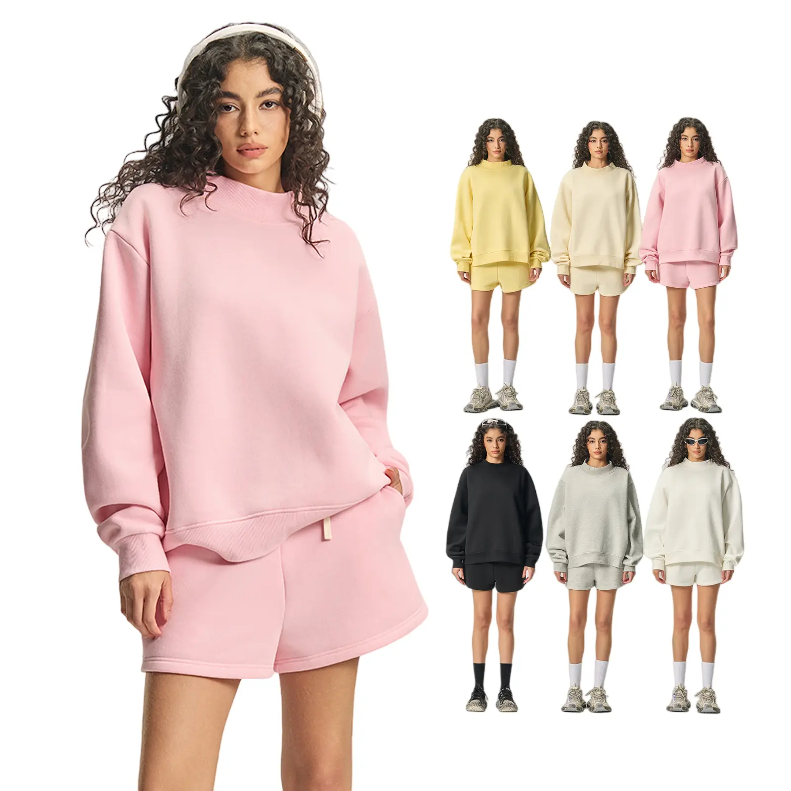 Women's 2-Piece Dopamine-Dressing Tracksuit, American Retro Mock Neck Fleece-Lined Sweatshirt & Casual Sweat Shorts, Y2K Flirty Sports Clothing Set, Multi-Color Available