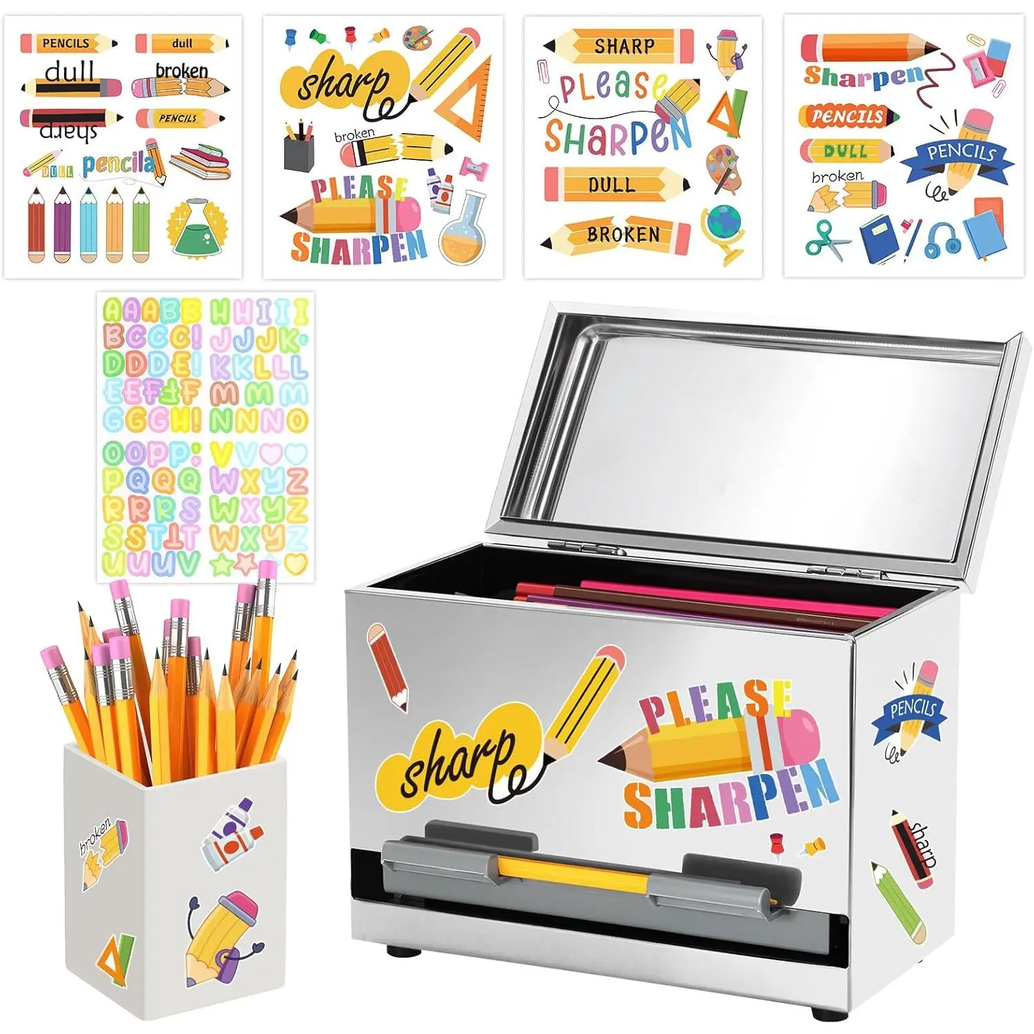 Pencil Dispenser for Classroom & Pencil Holder for Desk with 5 count Stickers | Stainless Steel Pencil Dispenser Set for Classroom Pencil Management & Distribution,  to School Teacher & Office Supplies