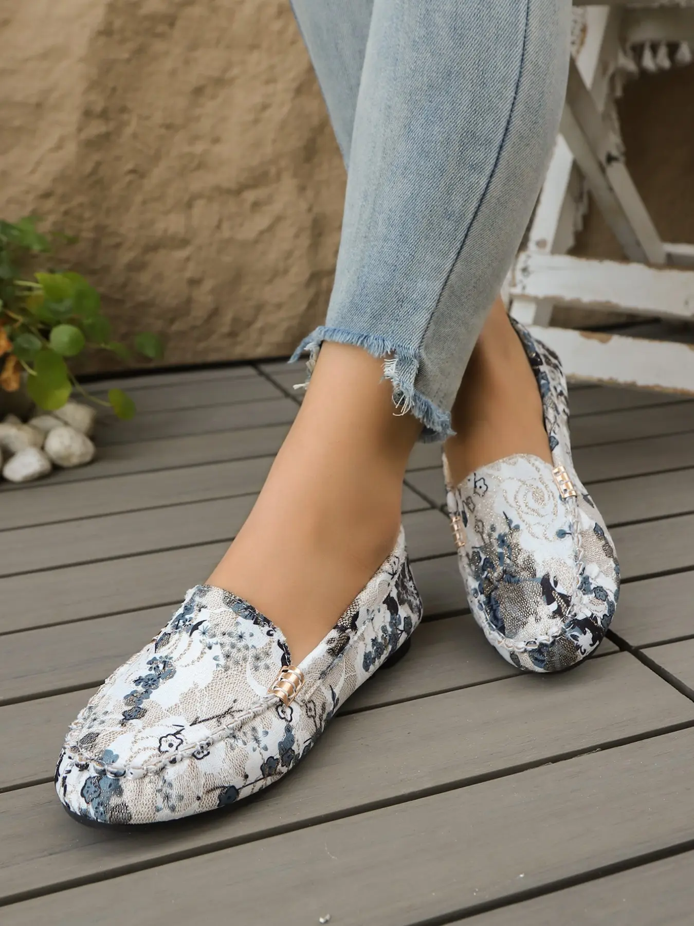 Spring Summer New Large Size All-Season Floral Print Lace Women's Shoes, Comfortable Soft Flat Fashion Round Toe Slip-On Mules