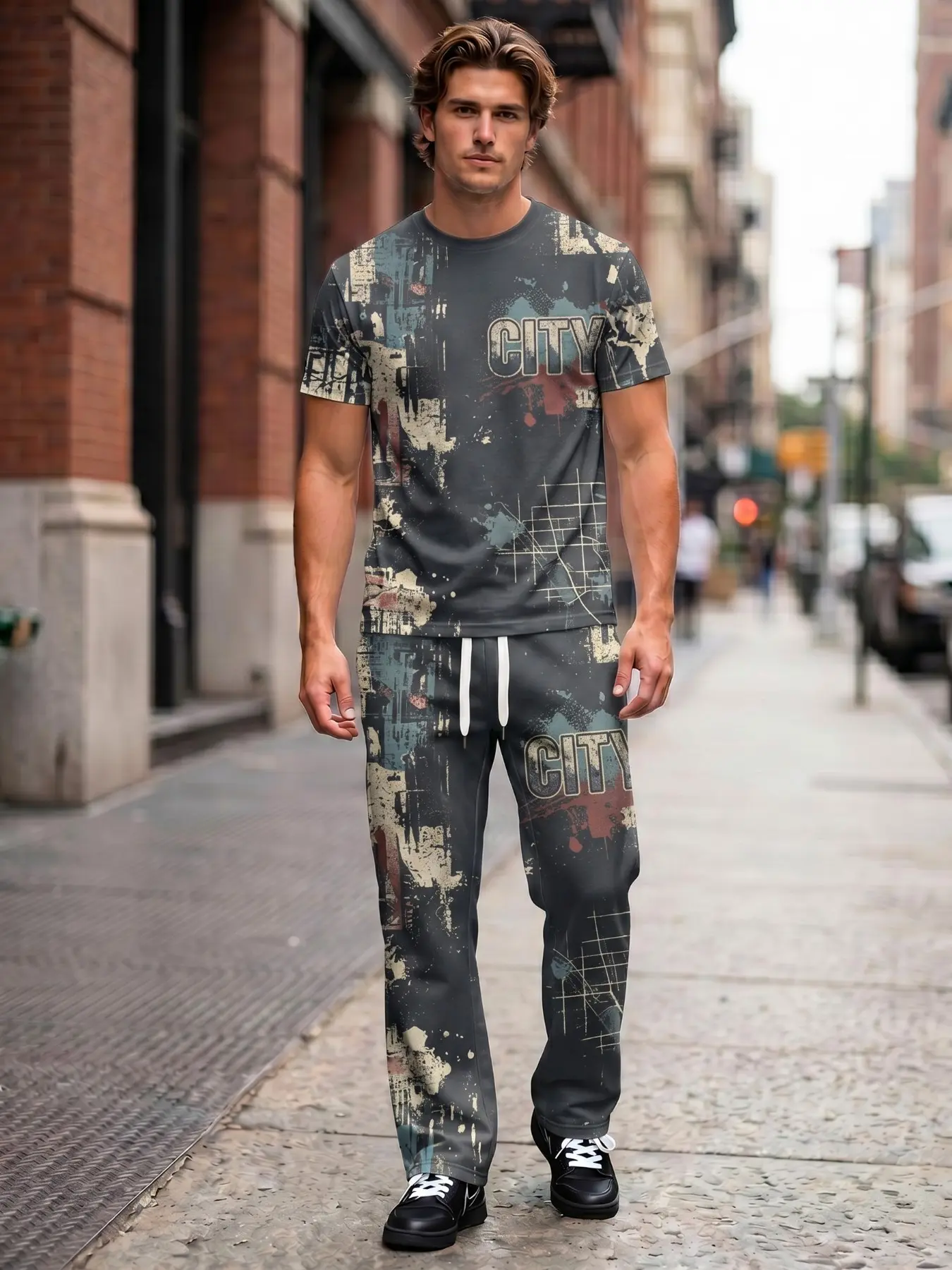 Men’s City Graffiti Print 2-Piece Tracksuit, Micro-Stretch Comfy Streetwear Set, Distressed Design Tee & Pants, Casual Daily Urban Outfit