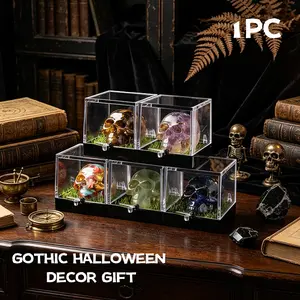 Handmade Seven Chakra Gemstone Crystal Skull Storage Box, Reiki Energy Mineral Home Decor, Unique Gothic Ornament, Halloween Present