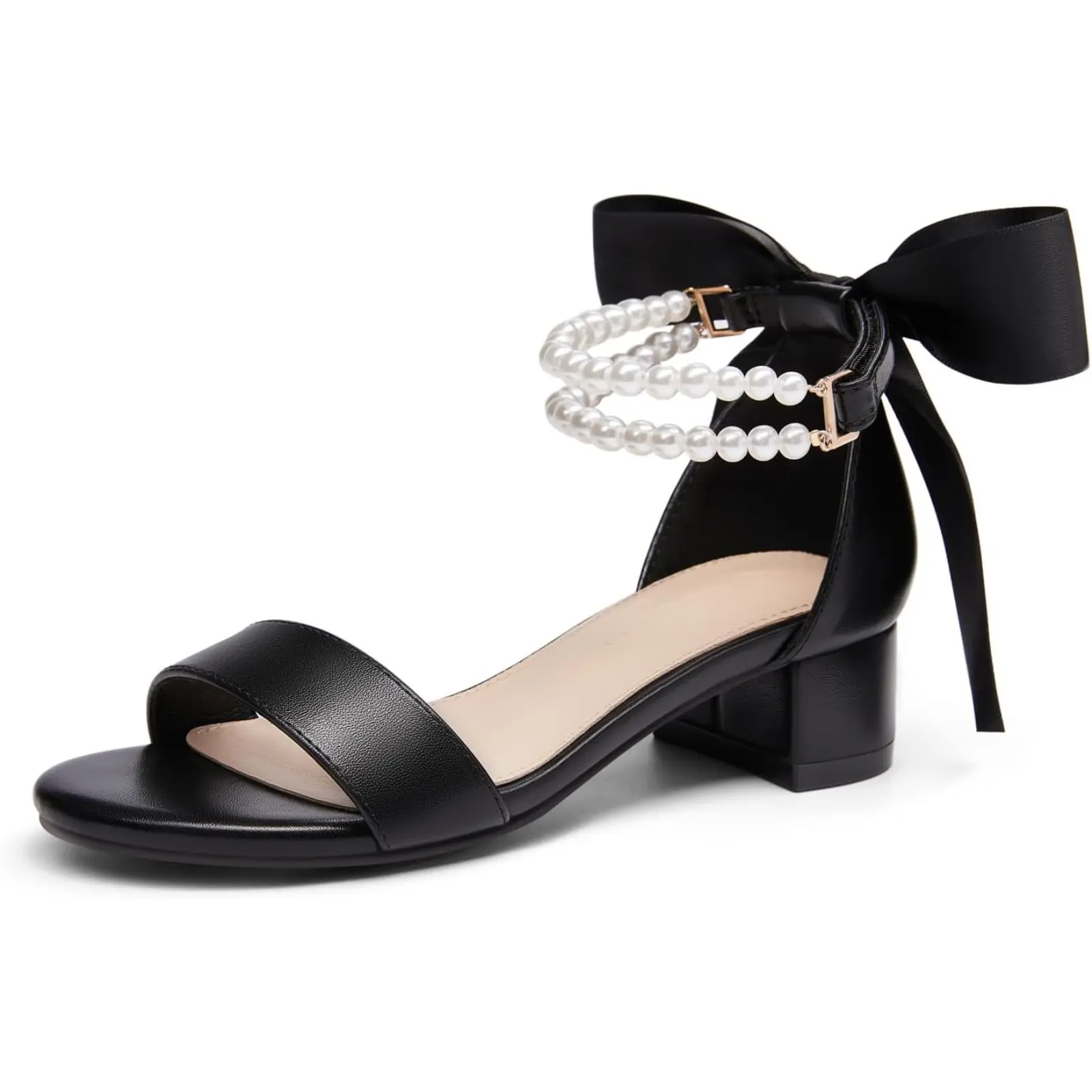 Coutgo Girls' Chunky Low-Heel Platform Faux Leather Sandals - Plain, Open Toe, Pearl Bow, Ankle Strap for Flower Girl Weddings, Platform Heels