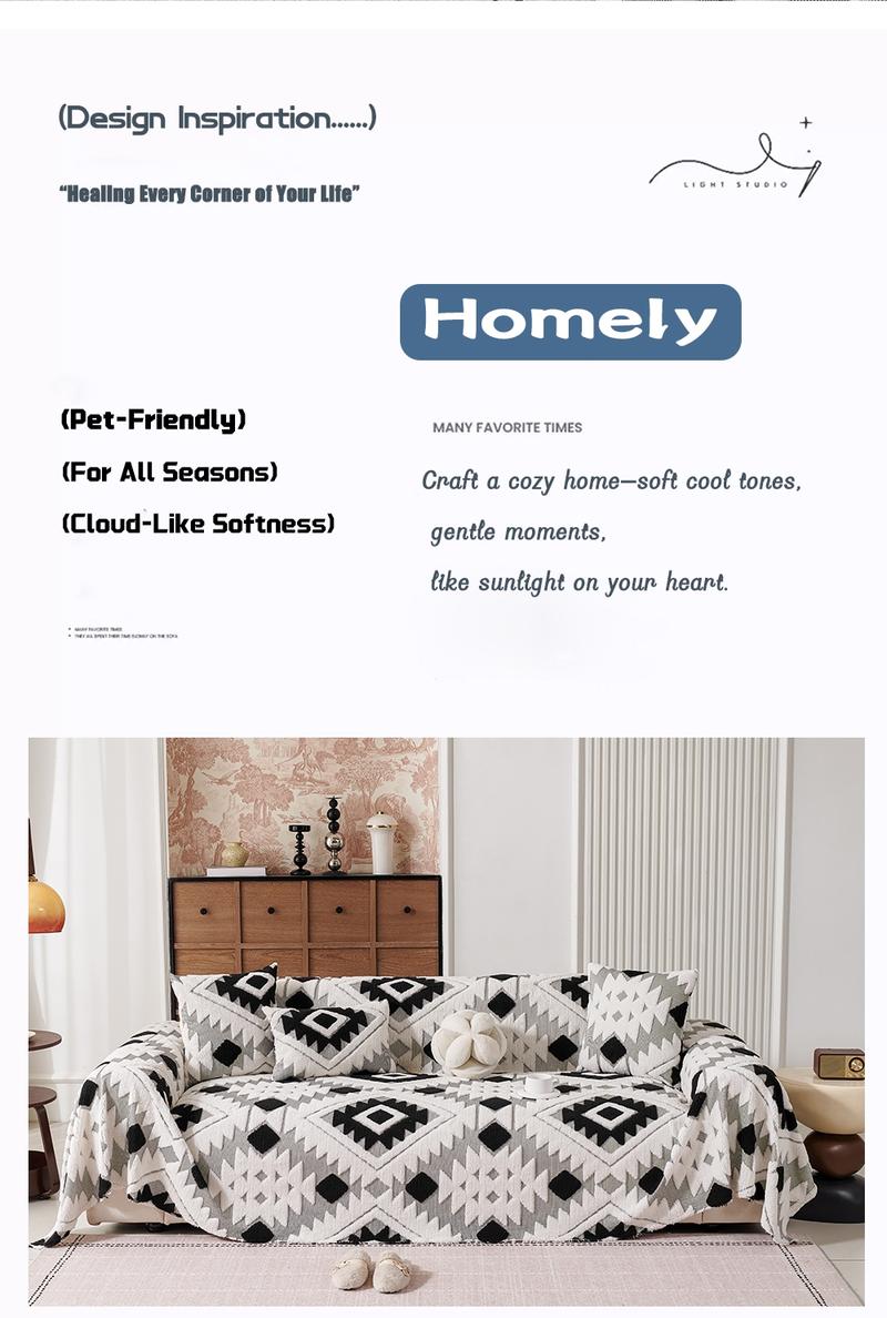 Bohemian Plush Sofa Throw Blanket, Geometric Pattern Design, Pet-Friendly, All-Season Use, Home Decor, Sofa Couch Covers, Sofa Slipcover