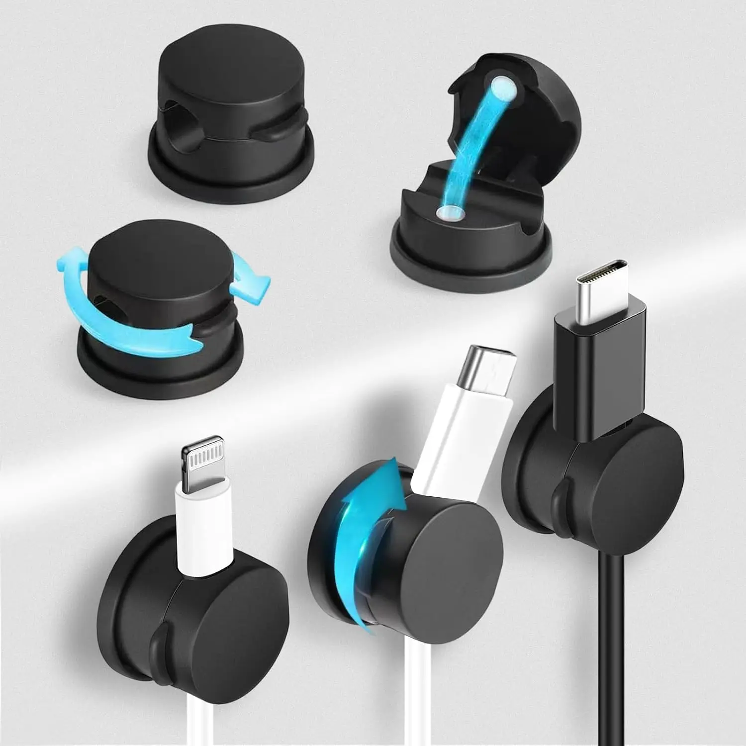 6 count   Clips, 360° Swiveling Adhesive  Organizer - Compact  Holder for Desk, Nightstand, , Kitchen &  Office - Charger Cord Holder Solution by  (Black)