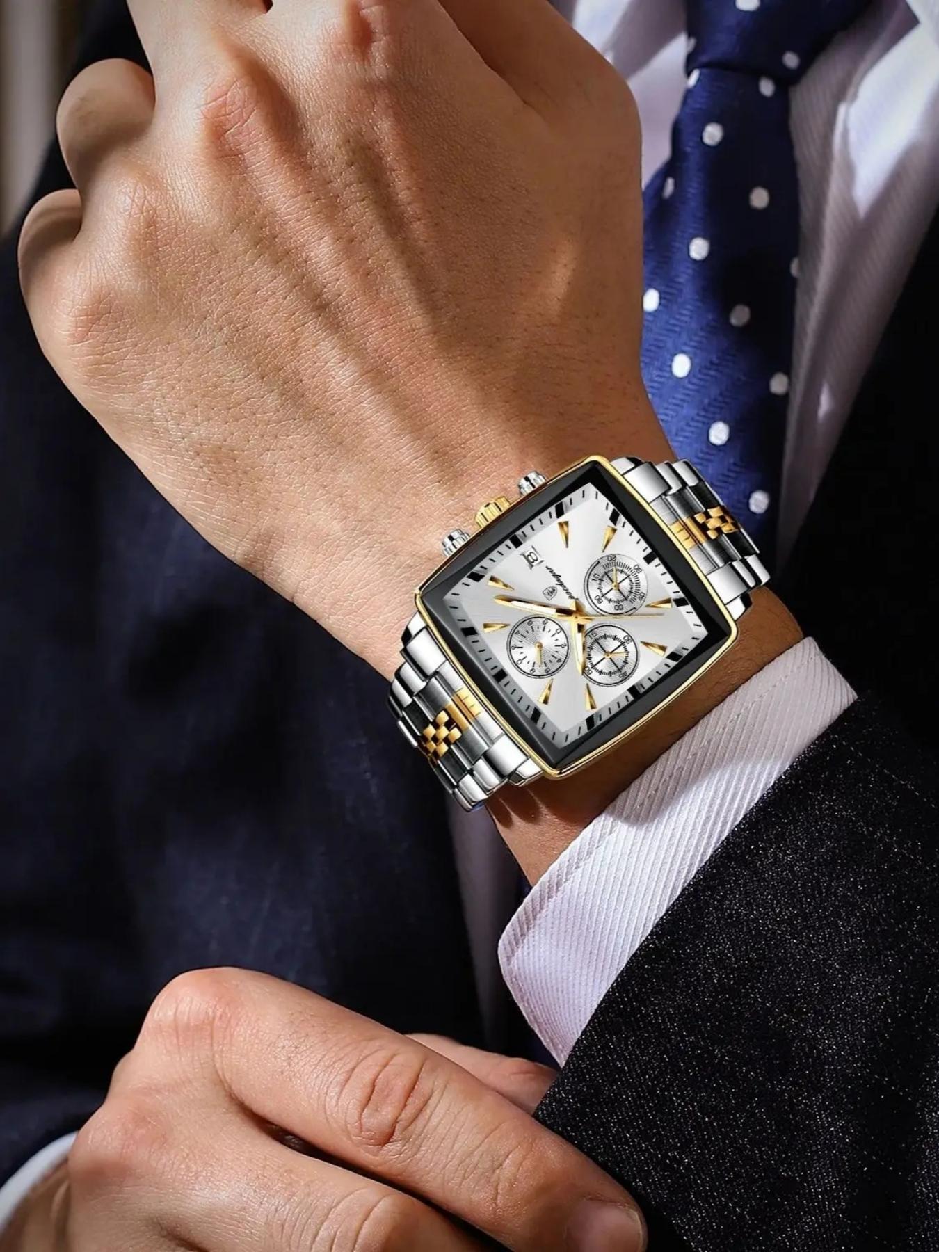 Men's Business Fashion Rectangle Dial Analog Quartz Watch, Fashion Watch for Party, Daily Clothing Decor, Trendy All-match & Exquisite Band Watch for Birthday Gift with Box