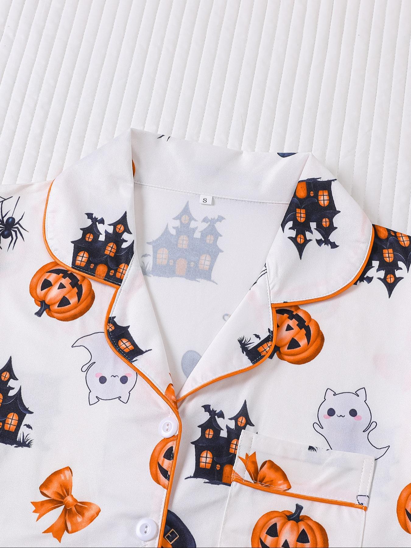 Women Christmas Pajama Set, Santa & Bowknot Tree Pattern, Short Sleeve Button-Up Shirt & Elastic Shorts, Casual All-Season Sleepwear Loungewear