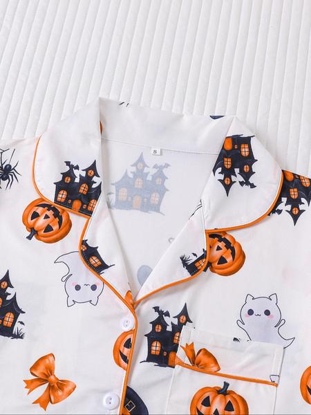 Women Christmas Pajama Set, Santa & Bowknot Tree Pattern, Short Sleeve Button-Up Shirt & Elastic Shorts, Casual All-Season Sleepwear Loungewear