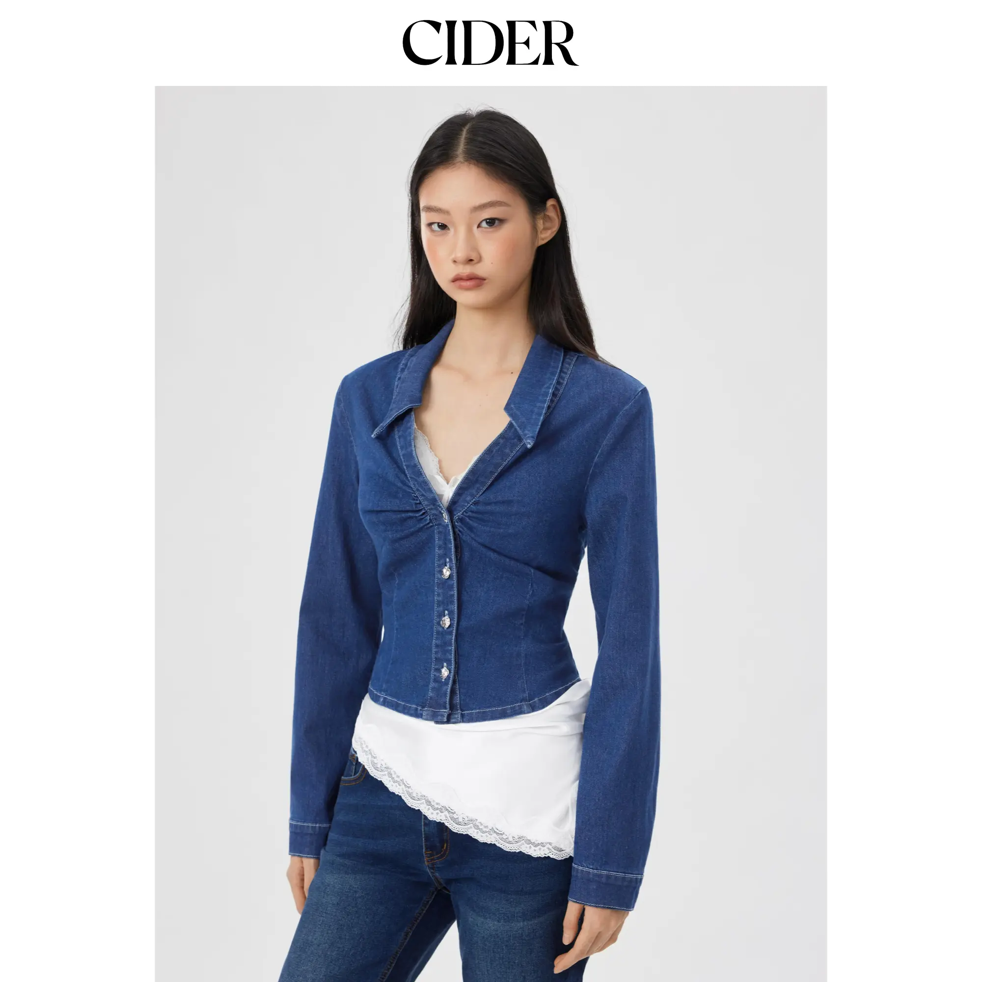 Cider Stretch Denim Collar Ruched Metal Button Blouse SummerFinds