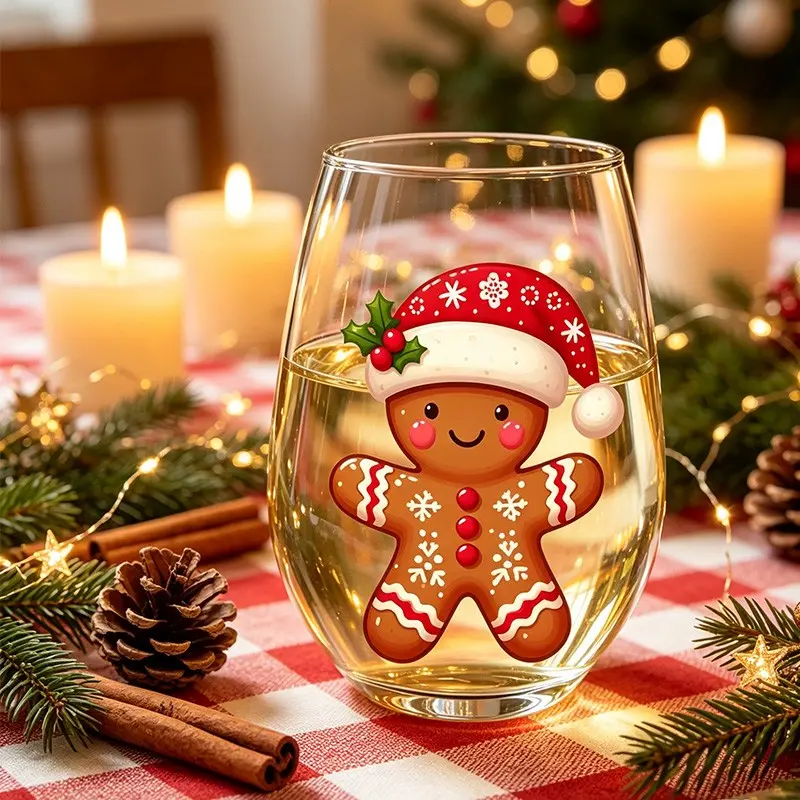 1pc Cute Christmas Gingerbread Man Themed Stemless Wine Glasses,Champagne And Whisky Glass,Party Cups for Indoor Outdoor Perfect for Home Party, Christmas Gift for Friends,Thanksgiving Gifts,Holiday Party Supplies, 12oz/350ml