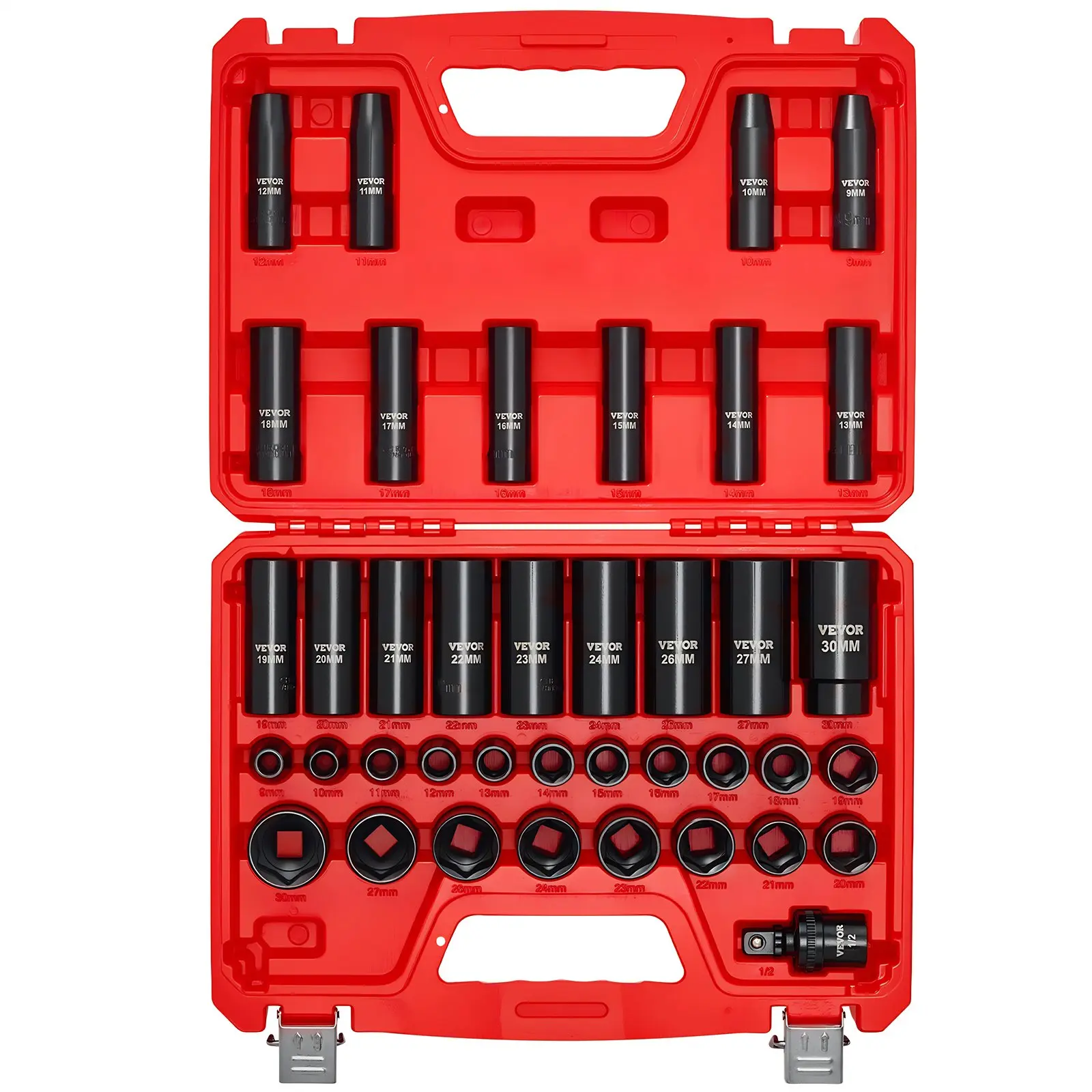 VEVOR 1/2 Inch Drive Impact Socket Set, 39 Pcs, 6-Point Design, Metric 9-30 mm Deep & Shallow, Cr-V Steel Durability, Universal Joint, Laser & Stamped Markings, Heavy Duty Carrying Case