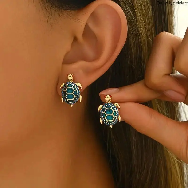 Funky Turtle Stud Earrings with Vibrant Rhinestones for Women, Peppy Bohemian Jewelry, Glamorous Lightweight Accessory for Festivals, Trendy Jewelry, Turtles, Playful, Unisex, Ear Studs, Playful Look, Casual, Cute