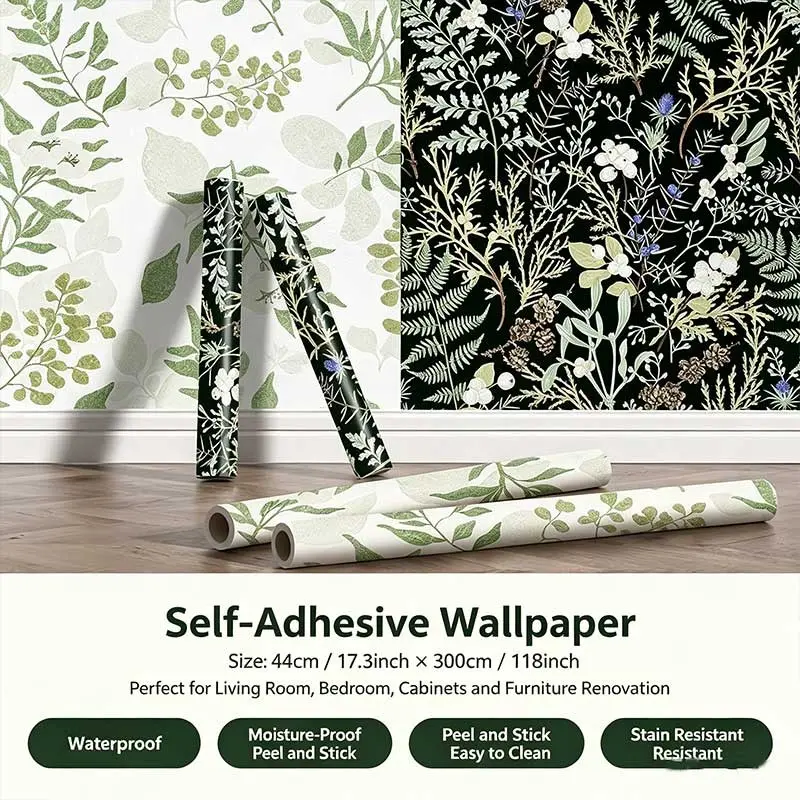 Vintage Background Plant Floral Self-Adhesive Wallpaper, Luxury Forest Fern Pinecone Print, Easy Peel and Stick, for Living Room Bedroom Furniture Cabinet Wall