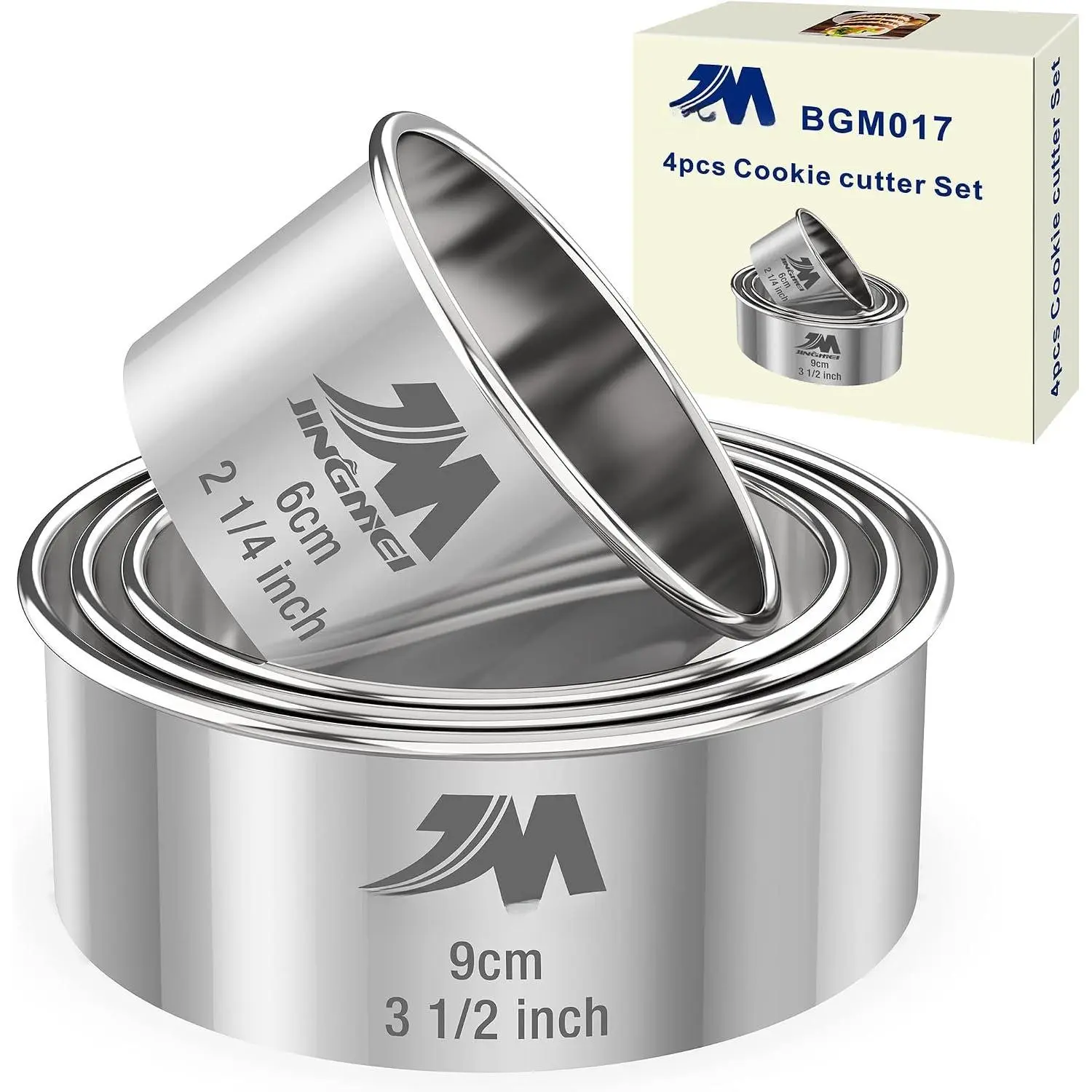 JNGEI 4 count Stainless Steel Cookie  Set 2.25inch, 2.75inch, 3.25inch,3.5inch Biscuit Plain  Round Cutters Sizes Shape olds  PACKAGE