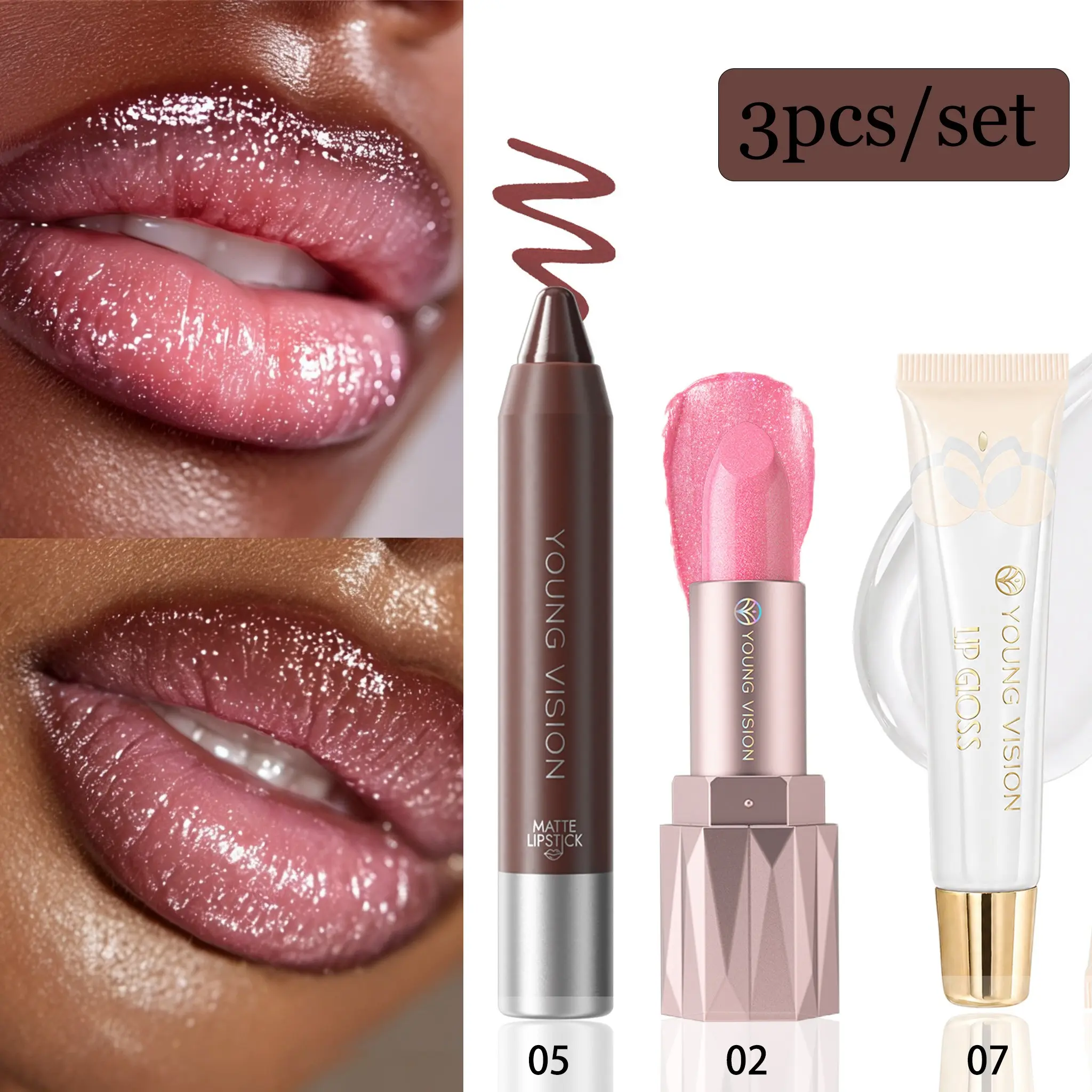 YOUNG VISION Lipstick Pen, Shiny Lip Oil Trio Set, Full-Volume Versatile Lip Makeup, Shimmering Lip Base, Layered Lip Gloss
