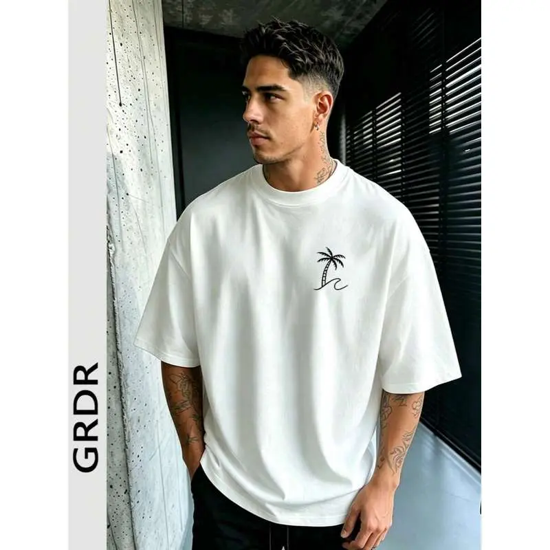 GRDR Men's Round Neck Palm Print Short Sleeve T-Shirt - Casual Sports Top for Outdoor Activities