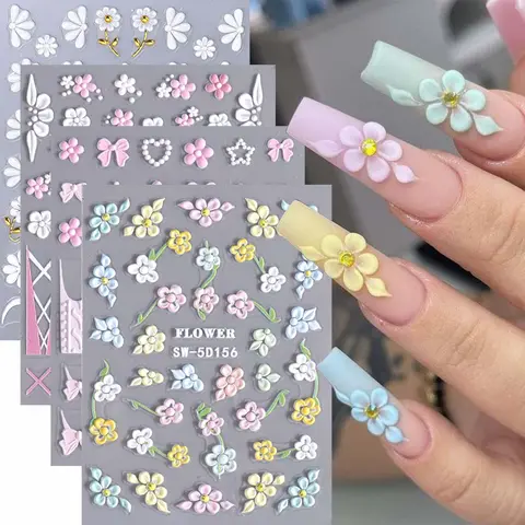 Flower & Bow Pattern Nail Art Design Stickers, 4 Sheets 5d Embossed Nail Decoration, Handmade Press on Diy Nail Kit Nail Art Decals for Women & Girls, Multicolor Nail Adhesive Stickers, Sticker Set