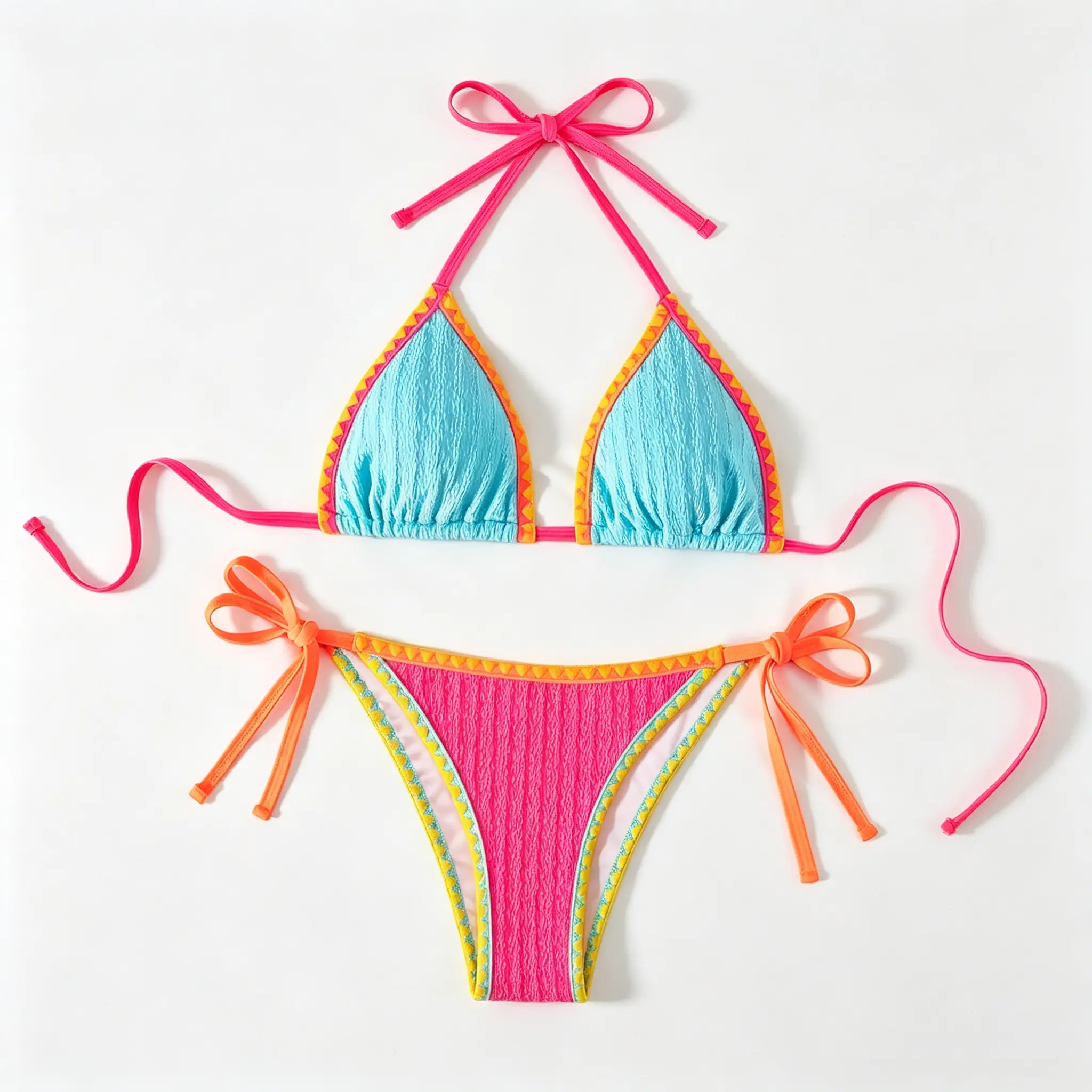 Women's Crinkled Texture Bikini Set, 2-Piece Vibrant Colorblock Halter Top with Contrast Trim and Side-Tie High-Cut Bottoms, Swimsuits, Triangle, High Cut Legs, Beach Outings, Texture Variant, Halter Neck
