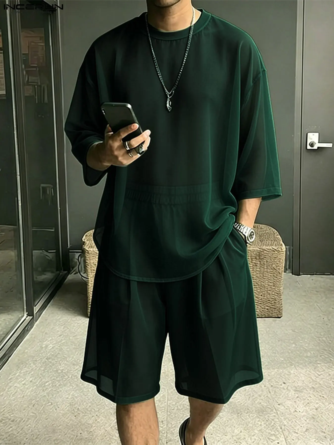 INCERUN Men's Semi-Transparent Round Neck Seven-Eighth Sleeve T-Shirt and Five-Piece Pants Set, Comfortable Casual for Daily Wear Clothes