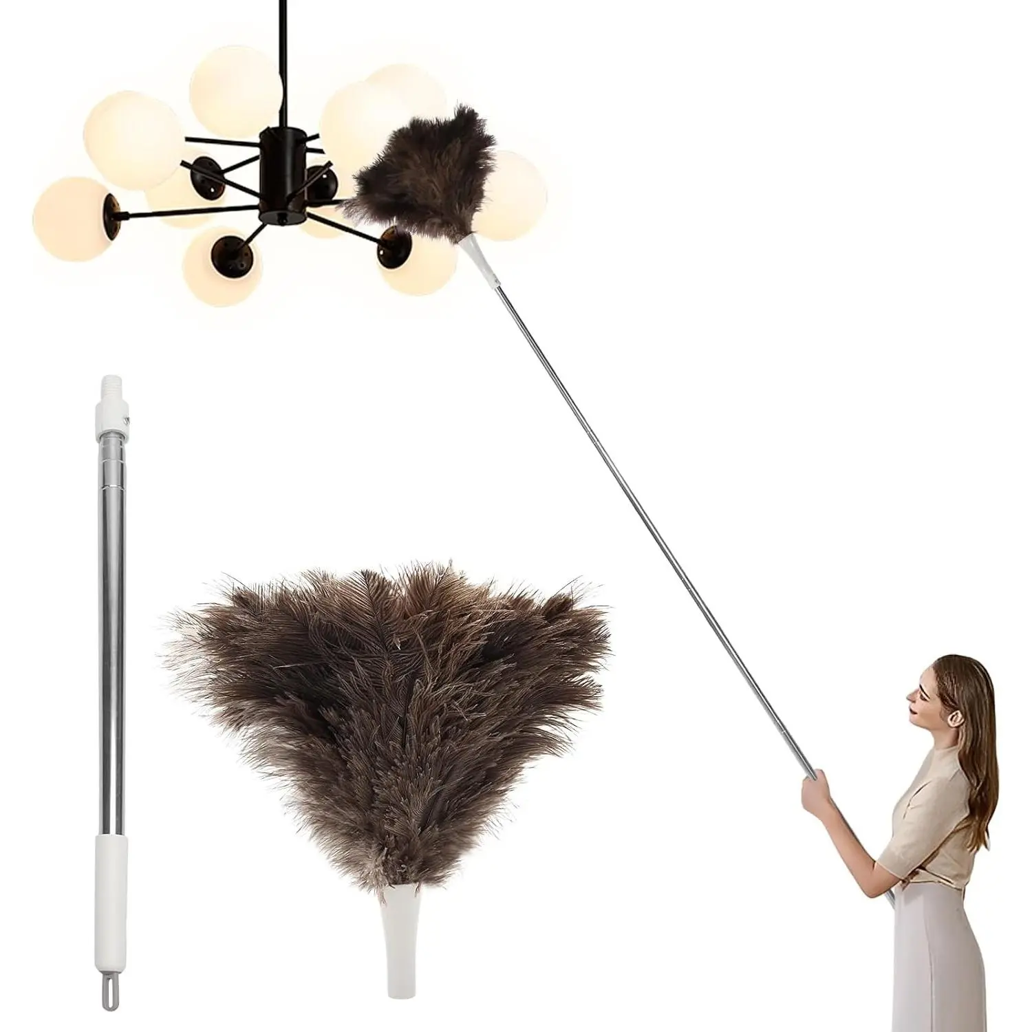 Ostrich Feather Duster Pole 28 to 72 Inch,Extendable Feather Duster Used for Home Cleaning Ceilings Furniture Fans