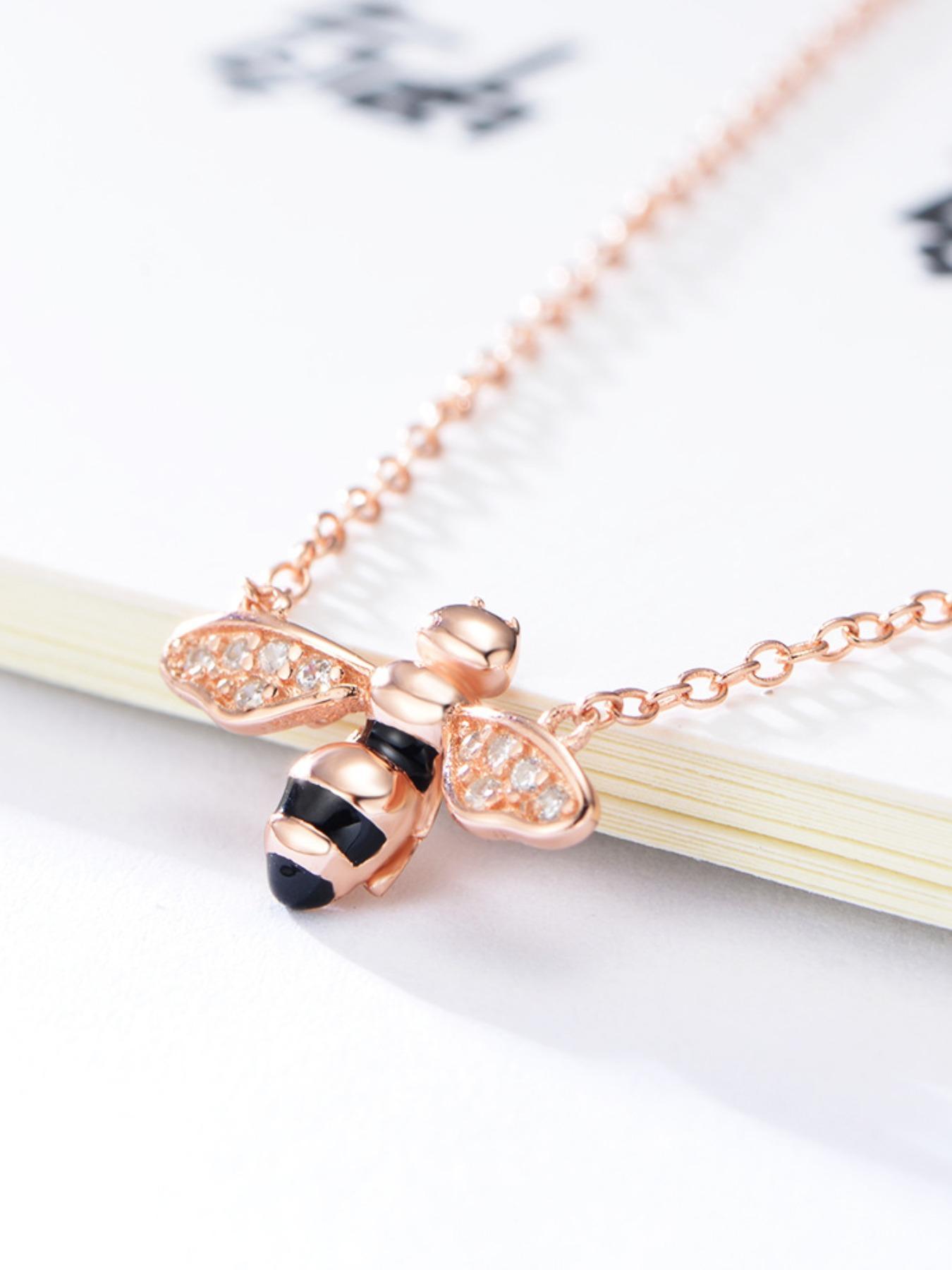 925 Sterling Silver Cute Bee Design Pendant Necklace, Artificial Zircon Decor Necklace, Fashion Jewelry Accessories for Women As Gift